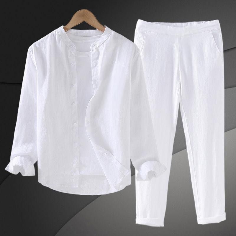 Mens Linen Shirt Long Sleeve - Conjunto de Camisa y Pantalones Cortos