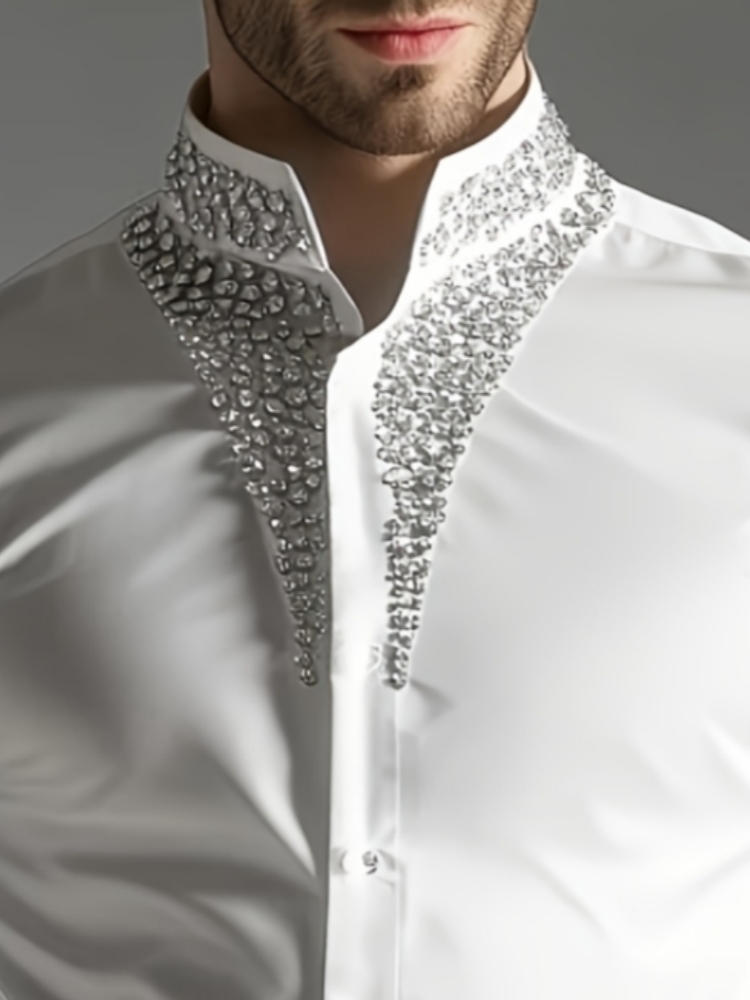 Mandarin Collar Formal Shirt Slim Fit - Camisa de Lujo con Pedrería para