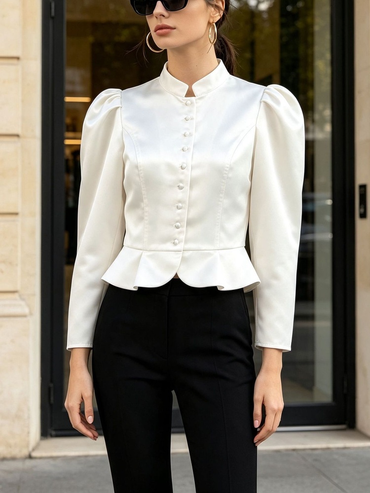 Blusa Peplum de Manga Larga co - Mandarin Collar Formal Shirt Slim Fit reseña y precio